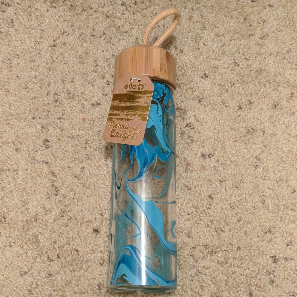 ello Thrive glass water bottle, teal swirl